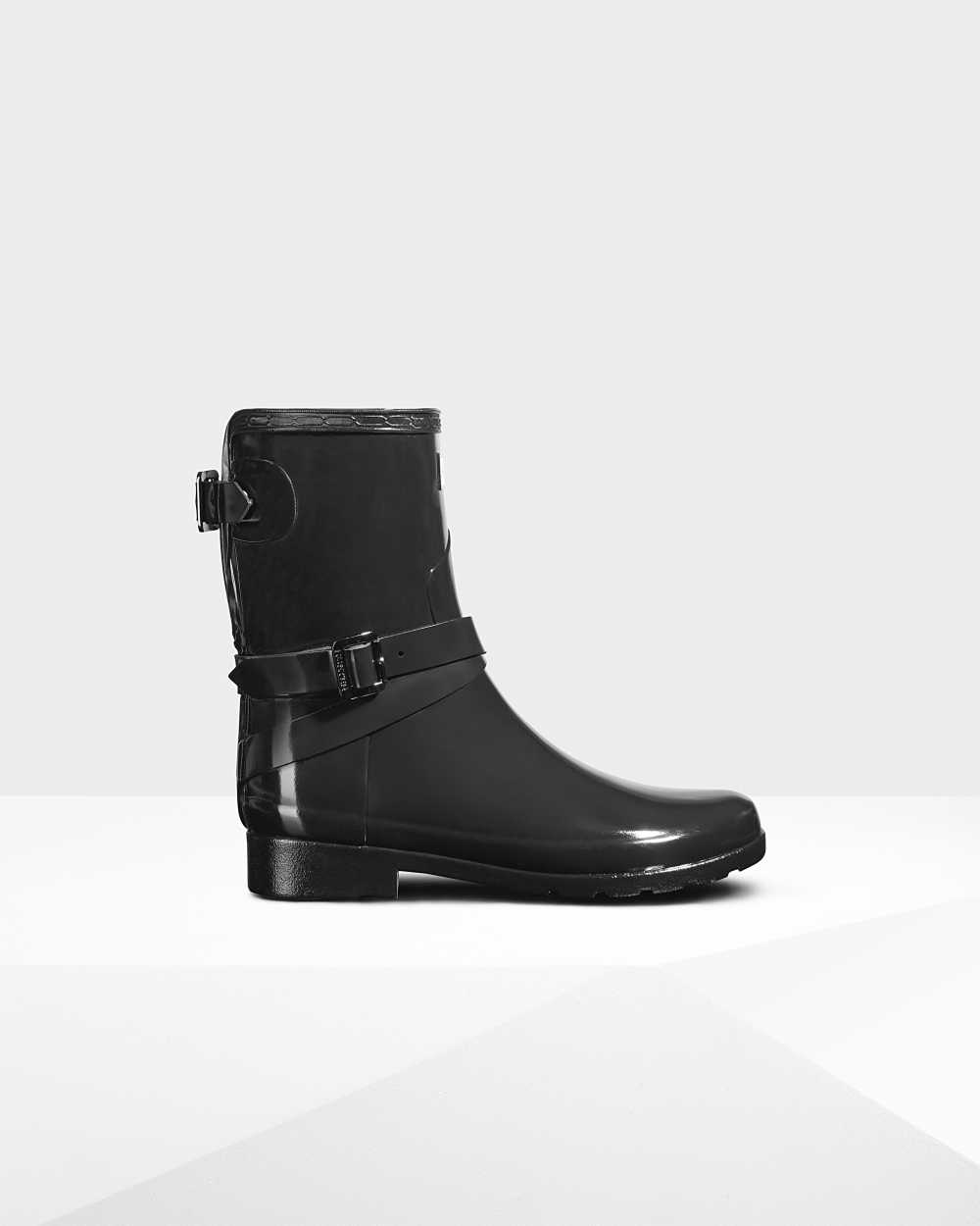 Botas De Agua Mujer - Hunter Refined Adjustable Short Gloss Mid-Calf Negras - AVKPXH-467 - Negras